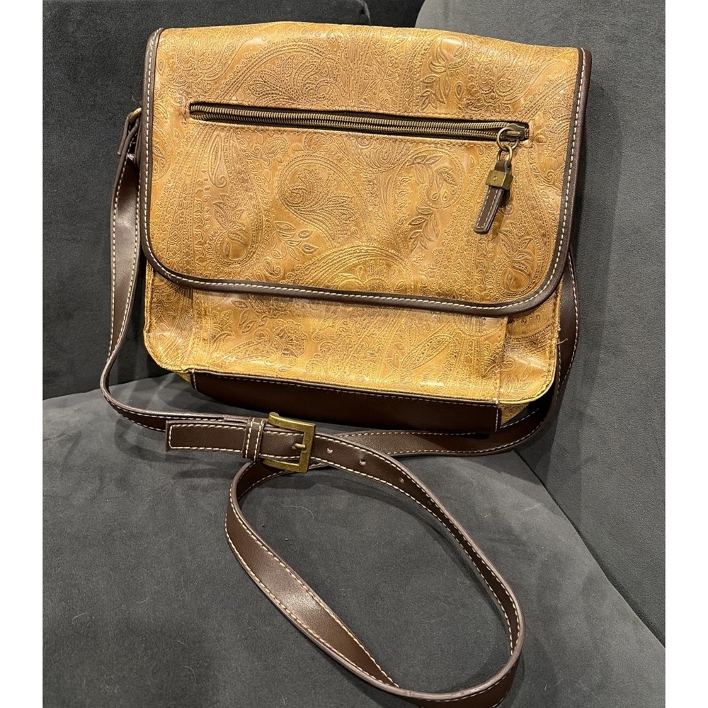 Vintage Y2K Relic Brown/Gold Leather Crossbody Purse Paisley Embossed Boho